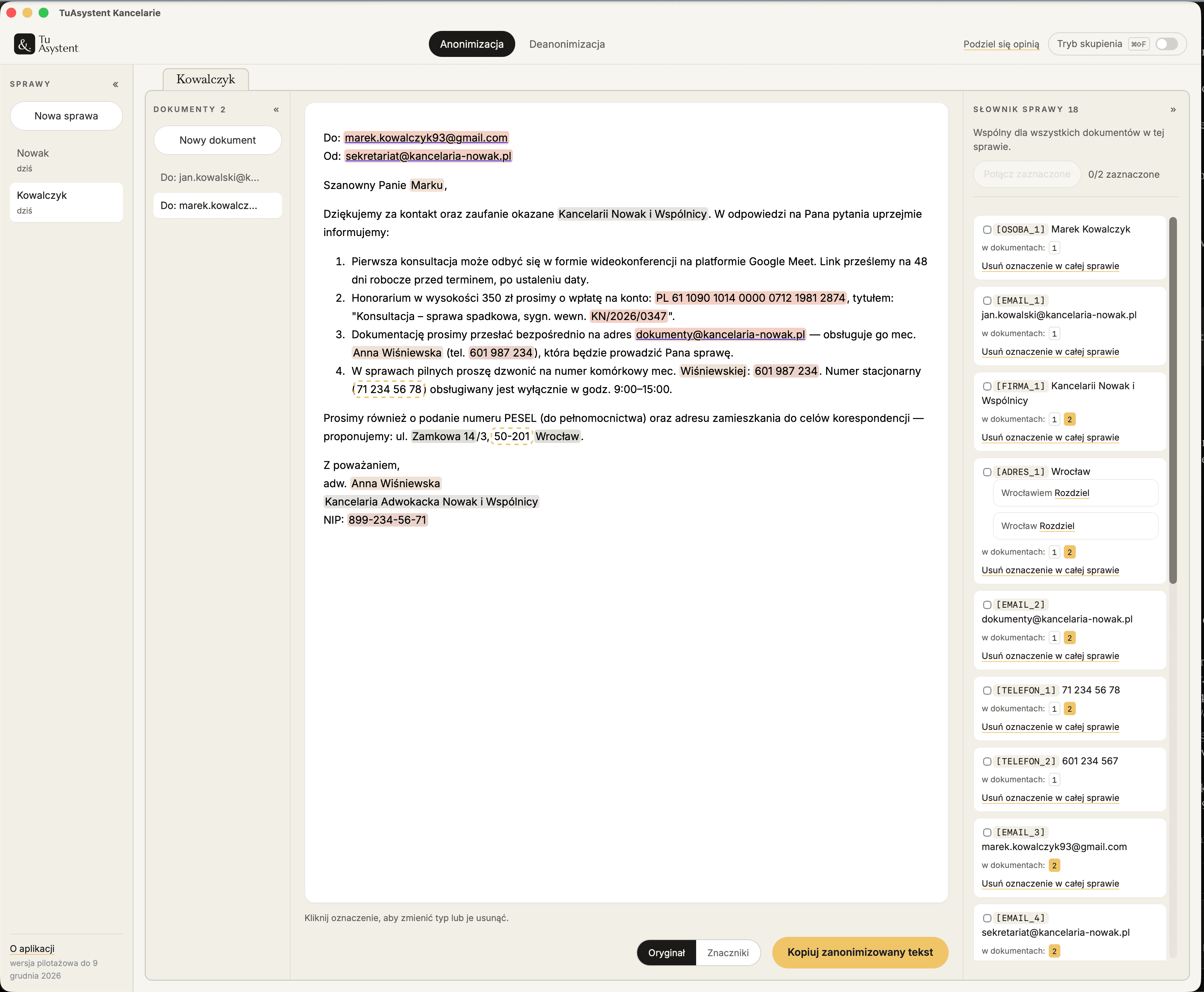 Wykrywa dane w kontekście, ekran aplikacji TuAsystent Kancelarie